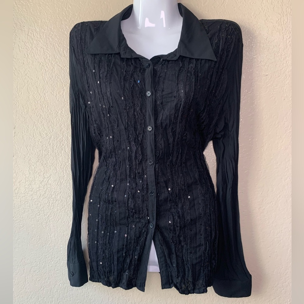 Claudia Richard Black Sequin Mesh Crinkle Button Down Whimsigoth Blouse Size XL